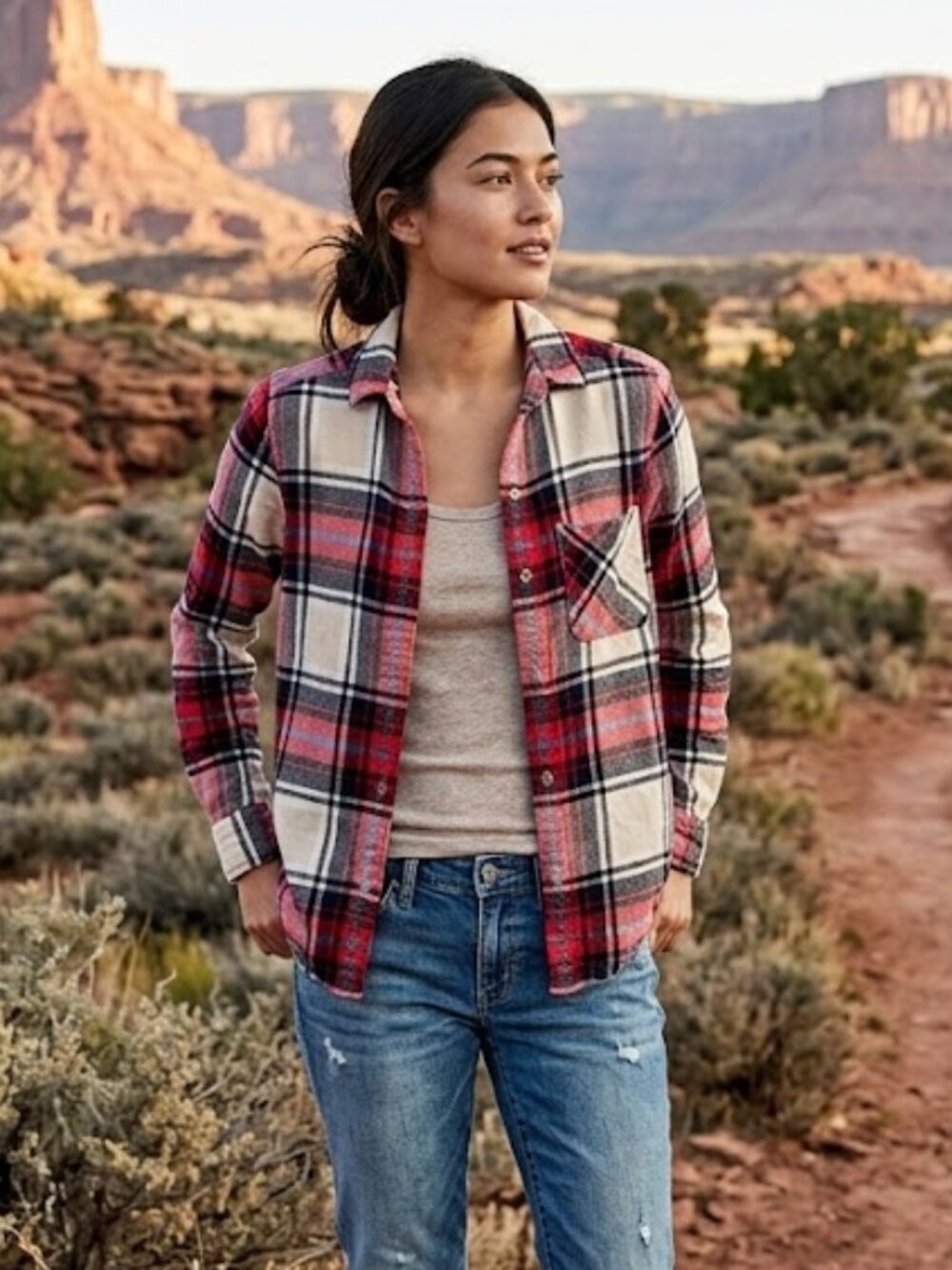 American Eagle Size XXS Boyfriend Fit Plaid Button Shirt South Western Granola
